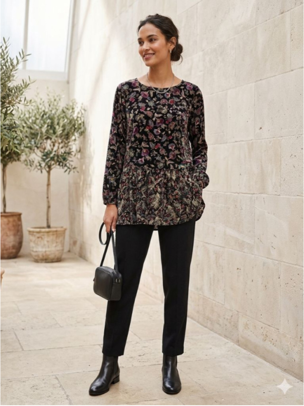 Women's J.Jill Tunic Top L Black Multicolor Floral Long Sleeve